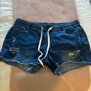 Distressed Denim Shorts with Drawstring